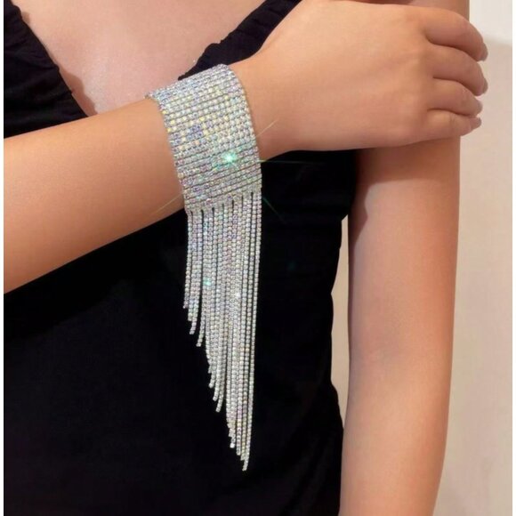 Bracelet Jewelry - Glam Silver Crystal Tassel Bracelet – 11" Statement Fringe Cuff for Women